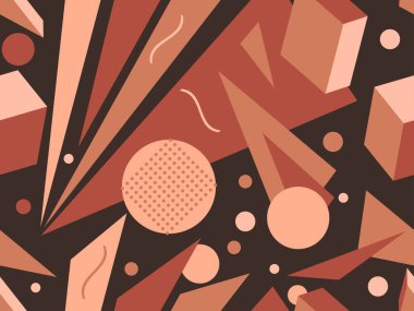 80 'lerin memphis tarzında geometrik kusursuz desen. İzometrik geometrik üç boyutlu şekiller. Kağıt, promosyon malzemesi ve kumaş basımı için modaya uygun bir geçmişe dönüş. Vektör illüstrasyonu