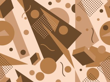 80 'lerin memphis tarzında geometrik kusursuz desen. İzometrik geometrik üç boyutlu şekiller. Kağıt, promosyon malzemesi ve kumaş basımı için modaya uygun bir geçmişe dönüş. Vektör illüstrasyonu