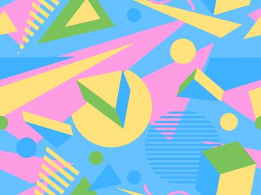 80 'lerin memphis tarzında geometrik kusursuz desen. İzometrik geometrik üç boyutlu şekiller. Kağıt, promosyon malzemesi ve kumaş basımı için modaya uygun bir geçmişe dönüş. Vektör illüstrasyonu