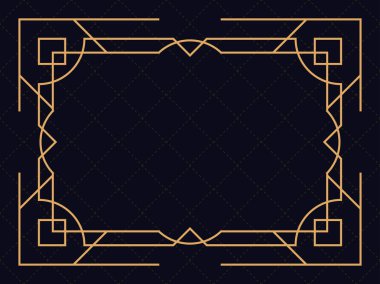 Art deco çerçeve. Klasik doğrusal sınır. Davetiyeler, broşürler ve tebrik kartları için bir şablon tasarla. Geometrik altın çerçeveli. 1920 'lerin tarzı - 1930' lar. Vektör illüstrasyonu