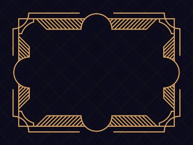 Art deco çerçeve. Klasik doğrusal sınır. Davetiyeler, broşürler ve tebrik kartları için bir şablon tasarla. Geometrik altın çerçeveli. 1920 'lerin tarzı - 1930' lar. Vektör illüstrasyonu