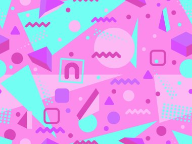 80 'lerin memphis tarzında geometrik kusursuz desen. İzometrik geometrik üç boyutlu şekiller. Kağıt, promosyon malzemesi ve kumaş basımı için modaya uygun bir geçmişe dönüş. Vektör illüstrasyonu