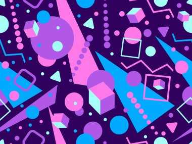 80 'lerin memphis tarzında geometrik kusursuz desen. İzometrik geometrik üç boyutlu şekiller. Kağıt, promosyon malzemesi ve kumaş basımı için modaya uygun bir geçmişe dönüş. Vektör illüstrasyonu
