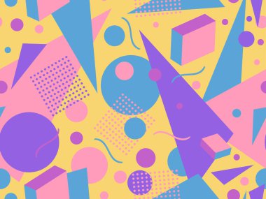 80 'lerin tarzında, geometrik şekilli, kusursuz Memphis deseni. Geometrik retro model. Broşürler, afişler ve tanıtım ürünleri için soyut arkaplan tasarımı. Vektör illüstrasyonu
