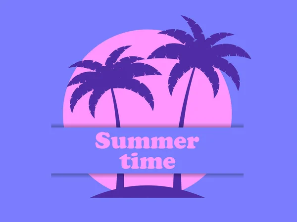 两棵棕榈树对抗着80年代风格的粉色太阳 合成波和80年代风格的逆波 设计广告小册子 旅行社 矢量说明 — 图库矢量图片