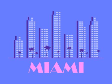 Eski tarz Miami manzarası. Palmiye ağaçları sanat tarzında gökdelenler. Baskı, poster ve promosyon ürünleri için şehir pankartı. Şehir logosu. Vektör illüstrasyonu