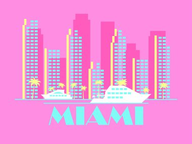 Eski tarz Miami manzarası. Palmiye ağaçları ve yatları olan gökdelenler. Baskı için şehir afişi, posterler ve promosyon malzemeleri. Şehir logosu. Vektör illüstrasyonu