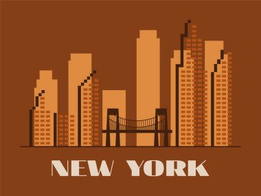 New York 'un klasik tarzında manzarası. Doğrusal bir şekilde gökdelenler. Baskı, posterler ve promosyon materyalleri için New York 'un eski pankart silueti. Şehir logosu. Vektör illüstrasyonu
