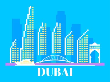 Gökdelenleri, köprüsü, palmiye ağaçları ve yatları olan Dubai şehri. Dubai UAE şehrinin basım, poster ve tanıtım materyalleri için ufuk çizgisi afişi. Vektör illüstrasyonu