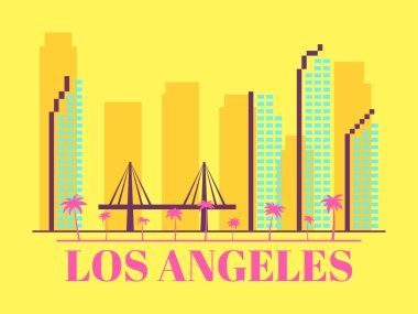 Los Angeles manzarası klasik tarzında. Gökdelenleri, köprüsü ve palmiyeleri olan bir şehir. Baskı, poster ve promosyon ürünleri için Los Angeles şehrinin ufuk çizgisi afişi. Vektör illüstrasyonu
