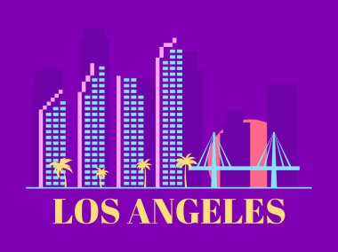 Los Angeles, Kaliforniya. Gün batımında palmiye ağaçlarıyla manzara. Gökdelenleri ve köprüsü olan bir şehir manzarası. Baskı, poster ve promosyon ürünleri için Los Angeles şehrinin ufuk çizgisi afişi. Vektör illüstrasyonu