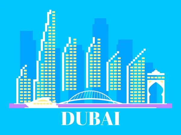 Дубайський Міський Пейзаж Хмарочосами Мостом Пальмами Яхтами Dubai Oae City — стоковий вектор