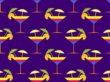 Kusursuz desenli, şemsiyeli, pop sanat tarzında bir kokteyl. Şemsiyeli ve portakal dilimli alkollü kokteyller. Bar menüleri, reklam malzemeleri ve afişler için tasarım. Vektör illüstrasyonu