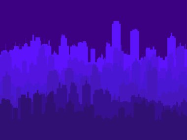 Gökdelenli gece manzarası. Mor tonlarda büyük şehrin panoraması. İnşaat malzemeleri. Baskı, posterler ve tanıtım materyalleri için şehir silüeti. Vektör illüstrasyonu