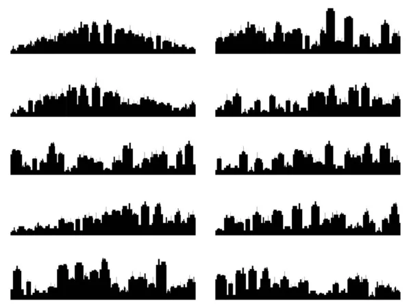 Set Urban Landscapes Black Outline City Skyscrapers Isolated White Background — стоковый вектор