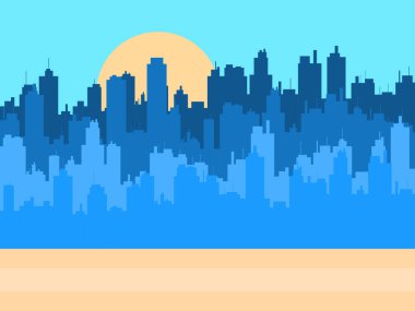 Şehrin üzerinde gün doğumu. Gökdelenleri olan büyük bir şehrin manzarası. İnşaat taslakları. Baskı, posterler ve tanıtım materyalleri için şehir silüeti. Vektör illüstrasyonu