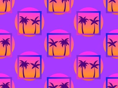 Günbatımında 80 'lerin palmiye ağaçları pürüzsüz desenli. Yaz zamanı. Geçmişe dönük fütürist güneş. Sentetik dalga ve retrodalga tarzı. Reklam broşürleri, afişler ve posterler için tasarım. Vektör illüstrasyonu