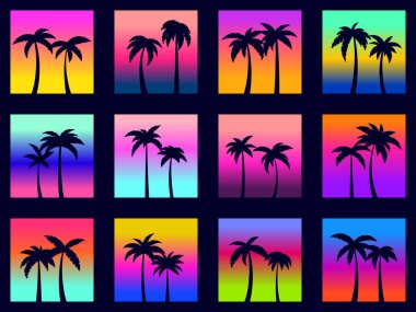 Eğimli bir arkaplanda palmiye ağaçları koleksiyonu. 80 'ler ve 90' lar tarzında gün batımına ve gündoğumuna karşı iki palmiye ağacı. Banner ve promosyon ürünleri tasarımı. Vektör illüstrasyonu