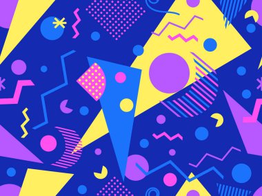 80 'ler ve 90' lar tarzında geometrik şekilli kusursuz Memphis deseni. Farklı şekil ve renklerin geometrik şekilleri. Promosyon ürünleri tasarımı, ambalaj kağıdı ve baskı. Vektör illüstrasyonu