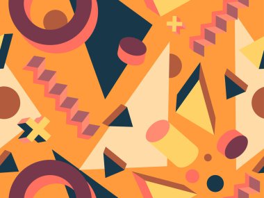 3D izometrik geometrik şekiller, kusursuz desenler. Memphis geometri elementleri 80 'ler tarzında. Promosyon ürünleri, ambalaj kağıdı ve baskı için tasarım. Vektör illüstrasyonu