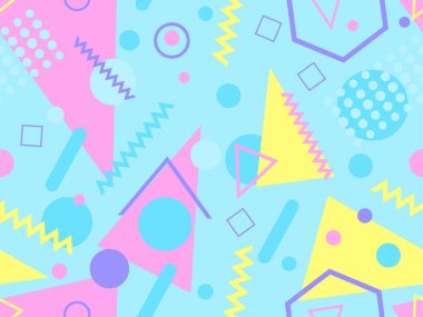 80 'ler ve 90' lar tarzında geometrik şekilli kusursuz Memphis deseni. Farklı şekil ve renklerin geometrik şekilleri. Promosyon ürünleri tasarımı, ambalaj kağıdı ve baskı. Vektör illüstrasyonu