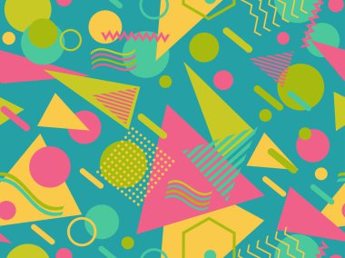 80 'ler ve 90' lar tarzında geometrik şekilli kusursuz Memphis deseni. Farklı şekil ve renklerin geometrik şekilleri. Promosyon ürünleri tasarımı, ambalaj kağıdı ve baskı. Vektör illüstrasyonu