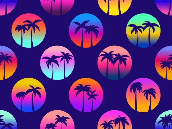 80年代风格的无缝图案 背景是阳光下的棕榈树 具有梯度的未来主义太阳 设计横幅和促销物品 矢量说明 — 图库矢量图片