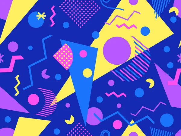 80 'ler ve 90' lar tarzında geometrik şekilli kusursuz Memphis deseni. Farklı şekil ve renklerin geometrik şekilleri. Promosyon ürünleri tasarımı, ambalaj kağıdı ve baskı. Vektör illüstrasyonu