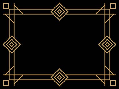 Art deco çerçeve. Klasik doğrusal sınır. Davetiyeler, broşürler ve tebrik kartları için bir şablon tasarla. Geometrik altın çerçeveli. 1920 'lerin tarzı - 1930' lar. Vektör illüstrasyonu