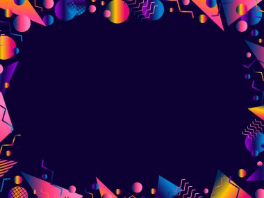 Memphis geometrik çerçevesi. 80 'lerin tarzında geometrik şekilli sınır tasarımı. Renkler, davetiyeler, broşürler ve tebrik kartları için bir şablon tasarlayın. Vektör illüstrasyonu