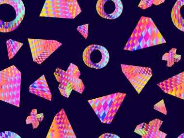 Damalı desenli Geometrik 3 boyutlu şekiller. 80 'lerin tarzında kusursuz bir model. Değişik renkler. Afişler ve promosyon ürünleri tasarımı. Vektör illüstrasyonu