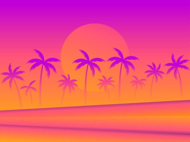 Palm trees at sunset. Tropical palm landscape with gradient color. Summer time poster. Design for posters, banners and promotional items. Vector illustration