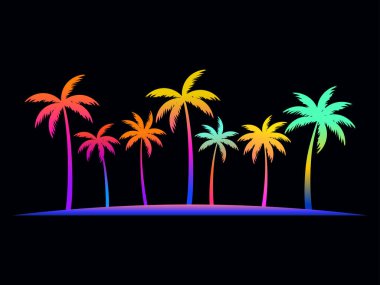 80 'lerin tarzında, siyah arka planda meyilli palmiye ağaçlarının silueti. Tropik palmiyeler izole edilmiş. Yaz zamanı. Posterler, afişler ve promosyon ürünleri için tasarım. Vektör illüstrasyonu