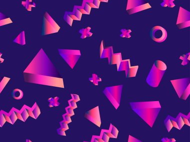 Geometrik gradyan şekilli kusursuz Memphis deseni. 80 'lerin tarzında renkli geometrik desen. Afişler, promosyon ürünleri ve posterler için tasarım. Vektör illüstrasyonu