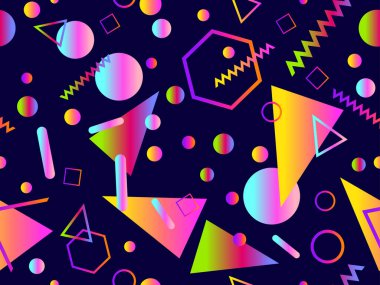 Geometrik gradyan şekilli kusursuz Memphis deseni. 80 'lerin tarzında renkli geometrik desen. Afişler, promosyon ürünleri ve posterler için tasarım. Vektör illüstrasyonu