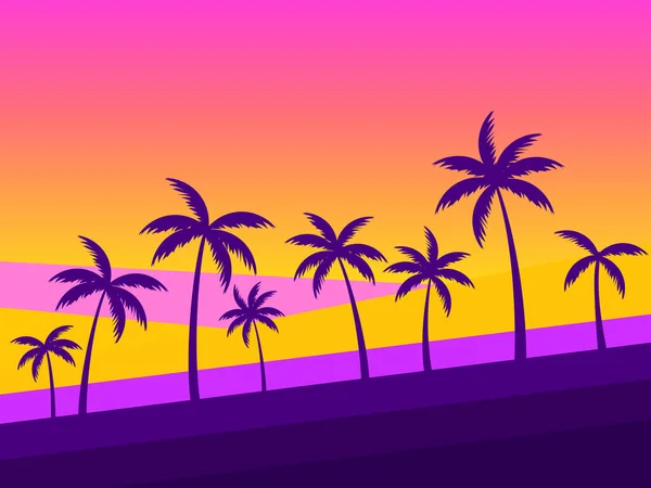 日没時にヤシの木 グラデーション色の熱帯ヤシの風景 夏時間のポスター ポスター バナー 販促品のデザイン ベクターイラスト — ストックベクタ