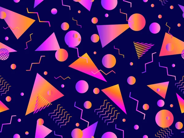 Geometrik gradyan şekilli kusursuz Memphis deseni. 80 'lerin tarzında renkli geometrik desen. Afişler, promosyon ürünleri ve posterler için tasarım. Vektör illüstrasyonu
