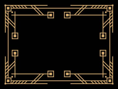 Art deco çerçeve. Klasik doğrusal sınır. Davetiyeler, broşürler ve tebrik kartları için bir şablon tasarla. Geometrik altın çerçeveli. 1920 'lerin tarzı - 1930' lar. Vektör illüstrasyonu