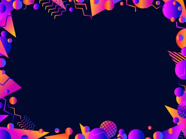 Memphis geometrik çerçevesi. 80 'lerin tarzında geometrik şekilli sınır tasarımı. Renkler, davetiyeler, broşürler ve tebrik kartları için bir şablon tasarlayın. Vektör illüstrasyonu