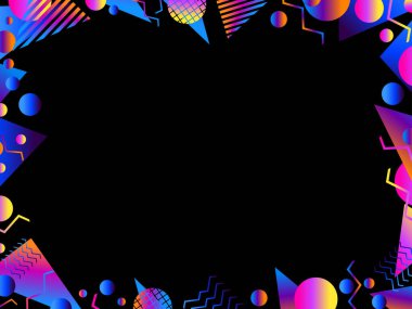 Memphis geometrik çerçevesi. 80 'lerin tarzında geometrik şekilli sınır tasarımı. Renkler, davetiyeler, broşürler ve tebrik kartları için bir şablon tasarlayın. Vektör illüstrasyonu