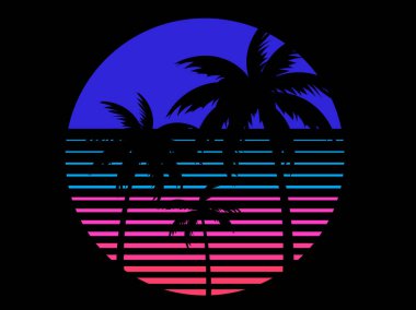 Palm trees against the backdrop of a retro sun in the style of the 80s. Retro futuristic sun with palm trees in synthwave style. Design for brochure, banners and poster. Vector illustration