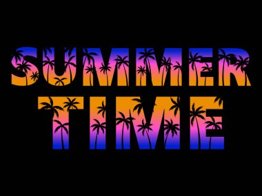 Yaz zamanı. Gün batımında palmiye ağaçlarıyla yazılmış bir yazı. Pankart, poster ve parti davetiyeleri için 80 'lerin geçmişe dönük tasarımı. Vektör illüstrasyonu