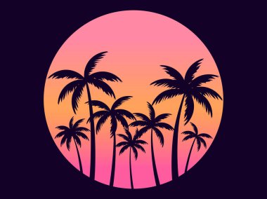 Güneşin batışına karşı palmiye ağaçları. Miami 'de günbatımında tropik palmiye ağaçlarının ana hatları. Reklam broşürleri, afişler, posterler, seyahat acenteleri için tasarım. Vektör illüstrasyonu