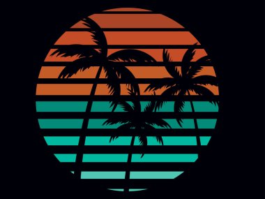 Palmiye ağaçları, 80 'ler tarzında bir retro güneşin arka planına karşı. Sentetik dalgalı palmiye ağaçlarıyla birlikte geçmişe dönük fütürist güneş. Broşür, afiş ve poster tasarımı. Vektör illüstrasyonu