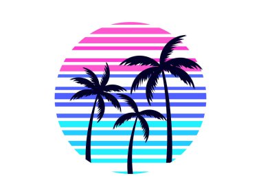 Beyaz arka planda izole edilmiş 80 'lerin modası geçmiş palmiye ağaçları ve güneş hatları. Reklam afişleri ve afişler için palmiye ağaçları olan tropik bir afiş. Vektör illüstrasyonu