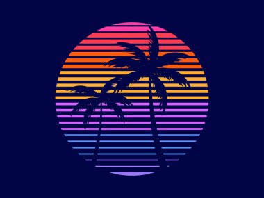 Sunset with palm trees in 80s style. Retro futuristic sun with outline palm trees in synthwave style. Design for printing advertising brochures, banners and posters. Vector illustration