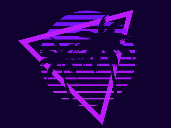 Ретро-фантастические пальмы 80-х годов на закате. Ретро футуристическое солнце с пальмами. Летнее время. Synthwave and retmicrowave style. Дизайн рекламных брошюр, баннеров и плакатов. Векторная иллюстрация