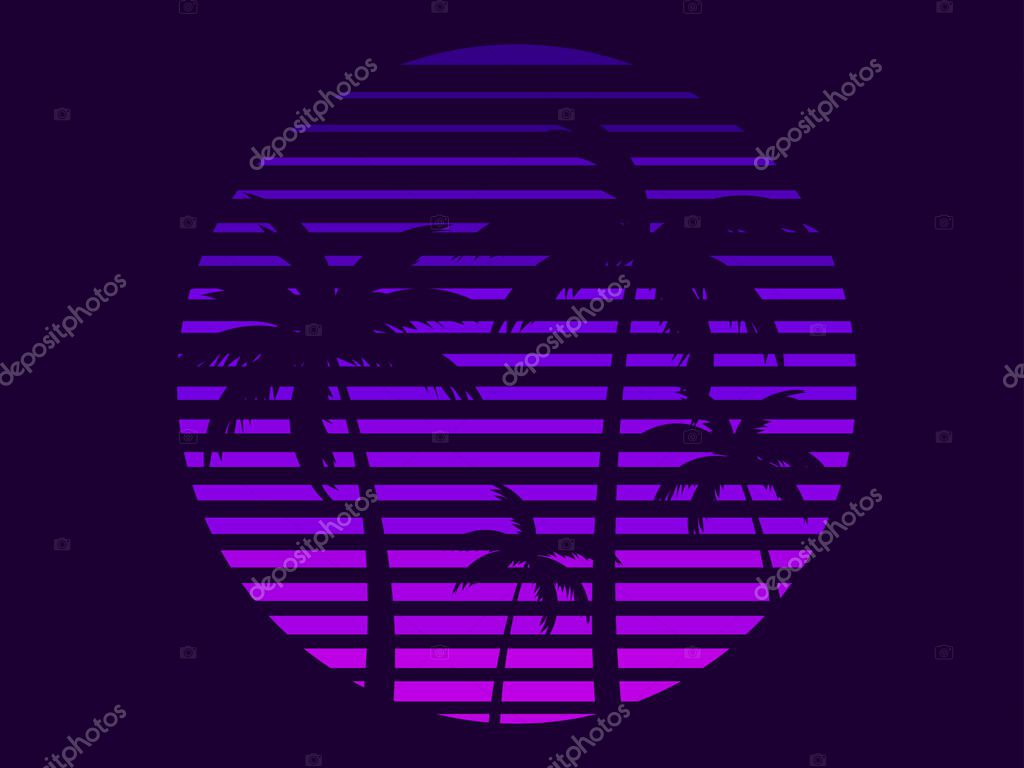 Palm trees against the backdrop of a retro sun in the style of the 80s. Retro futuristic sun with palm trees in synthwave style. Design for brochure, banners and poster. Vector illustration