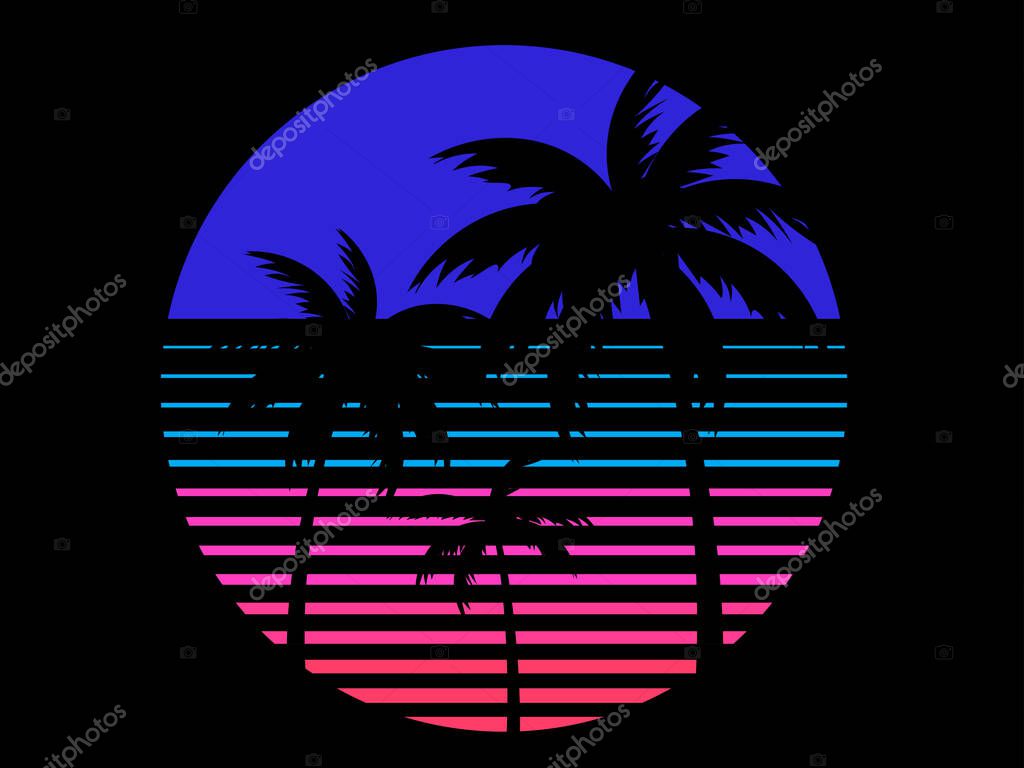 Palm trees against the backdrop of a retro sun in the style of the 80s. Retro futuristic sun with palm trees in synthwave style. Design for brochure, banners and poster. Vector illustration
