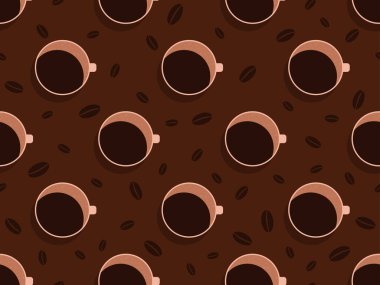 Kahve fincanları mükemmel görünüyor. Kahve fincanları ve kahve çekirdekleri. Afişler, posterler ve promosyon malzemeleri için tasarım. Vektör illüstrasyonu